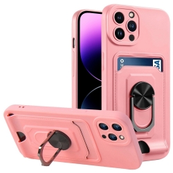 iPhone 14 Pro Max Θήκη Ροζ Ring Kickstand Card Wallet TPU Phone Case Pink