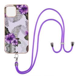 iPhone 13 Θήκη Σιλικόνης ε Λουράκι Electroplating Pattern IMD TPU Shockproof Case with Neck Lanyard Purple Flower