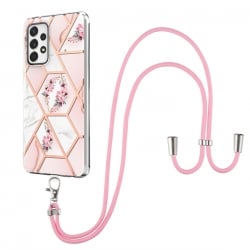 Samsung Galaxy A53 5G Θήκη Σιλικόνης Με Λουράκι Splicing Marble Flower Pattern TPU Phone Case with Lanyard Pink Flower