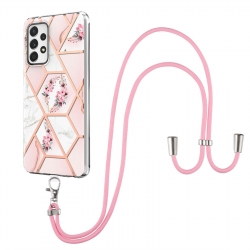 Samsung Galaxy A33 5G Θήκη Σιλικόνης Με Λουράκι Splicing Marble Flower Pattern TPU Phone Case with Lanyard Pink Flower