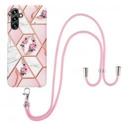 Samsung Galaxy A54 5G Θήκη Σιλικόνης Με Λουράκι Electroplating Splicing Marble Flower IMD TPU Phone Case Pink Flower