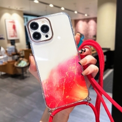iPhone 11 Θήκη Σιλικόνης Με Λουράκι Gold Halo Marble Pattern Lanyard Phone Case Red