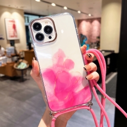 iPhone 13 Pro Max Θήκη Σιλικόνης Με Λουράκι Gold Halo Marble Pattern Lanyard Phone Case Pink