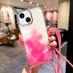 iPhone 13 Θήκη Σιλικόνης Με Λουράκι Gold Halo Marble Pattern Lanyard Phone Case Pink