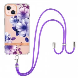 iPhone 13 Θήκη Σιλικόνης Με Λουράκι Flowers Series TPU Phone Case with Lanyard Purple Begonia