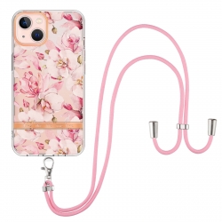 iPhone 13 Θήκη Σιλικόνης Με Λουράκι Flowers Series TPU Phone Case with Lanyard Pink Gardenia