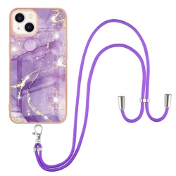iPhone 13 Θήκη Σιλικόνης Με Λουράκι Electroplating Marble Pattern IMD TPU Shockproof Case with Neck Lanyard Purple 002