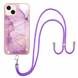 iPhone 14 Θήκη Σιλικόνης Με Λουράκι Electroplating Marble Pattern IMD TPU Shockproof Case with Neck Lanyard Light Purple 001