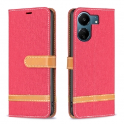 Xiaomi Poco C65 / Xiaomi Redmi 13C 4G Θήκη Βιβλίο Κόκκινο Color Block Denim Texture Phone Case Red