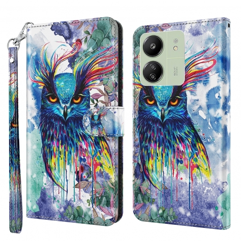 Xiaomi Poco C65 / Xiaomi Redmi 13C 4G Θήκη Βιβλίο 3D Painting Pattern TPU + PU Phone Case Diagonal Watercolor Owl