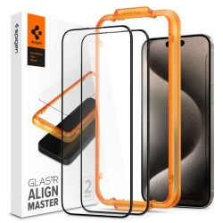 iPhone 15 Pro Max Spigen (x2.Pack) GLAS.tR ALIGNmaster Full Cover HD Premium Tempered Glass Screen Protector Black AGL06875