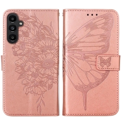 Samsung Galaxy A15 5G / A15 4G Θήκη Βιβλίο Ροζ - Χυσό Πεταλούδα Embossed Butterfly Phone Case Rose Gold