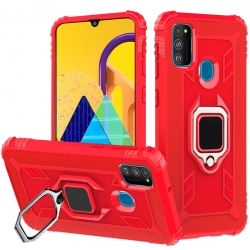 Θήκη Samsung Galaxy M21 Σιλικόνης Κόκκινη Carbon Fiber Protective Case with 360 Degree Rotating Ring Holder Red