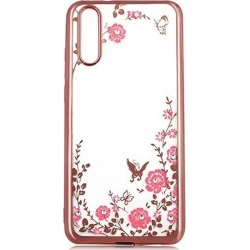 Θήκη Samsung Galaxy A50 / A30s Σιλικόνης Διάφανη Με Ροζ - Χρυσό Περίγραμμα Και Ροζ Λουλούδια Με Στράς Silicone Case Flower