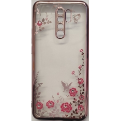 Θήκη Xiaomi Redmi 9 Σιλικόνης Διάφανη Με Ροζ - Χρυσό Περίγραμμα Και Ροζ Λουλούδια Με Στράς Silicone Case Flower