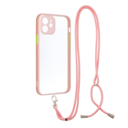 Θήκη iPhone 12 Ροζ με Λουράκι Transparent PC+TPU Phone Case with Contrast Color Button & Neck Lanyard Pink