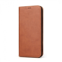 iPhone XR Θήκη Βιβλίο Καφέ Dermis Texture PU Horizontal Flip Leather Case Brown