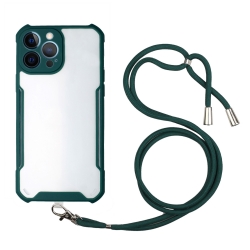 Θήκη iPhone 13 Pro Σκούρο Πράσινη με Λουράκι Acrylic + Color TPU Shockproof Case with Neck Lanyard Dark Green