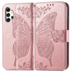 Θήκη Samsung Galaxy A32 4G Βιβλίο Ροζ - Χρυσή Πεταλούδα Butterfly Love Flower Embossed Horizontal Flip Case Rose Gold