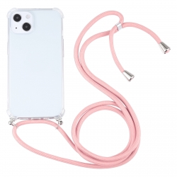iPhone 13 Θήκη με Λουράκι Four-corner Shockproof Transparent TPU Protective Case with Lanyard Pink