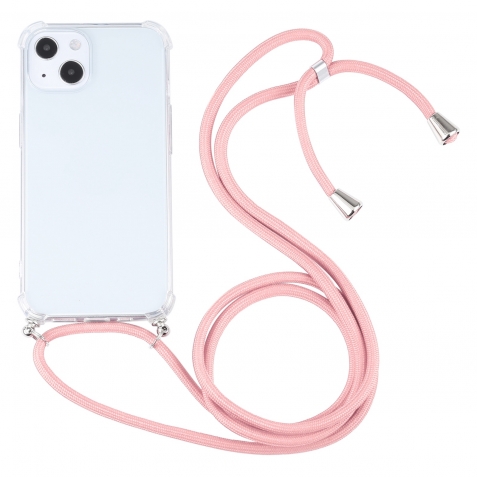 iPhone 13 Θήκη με Λουράκι Four-corner Shockproof Transparent TPU Protective Case with Lanyard Pink