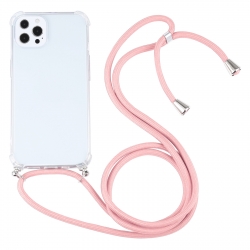 iPhone 13 Pro Θήκη με Λουράκι Four-corner Shockproof Transparent TPU Protective Case with Lanyard Pink