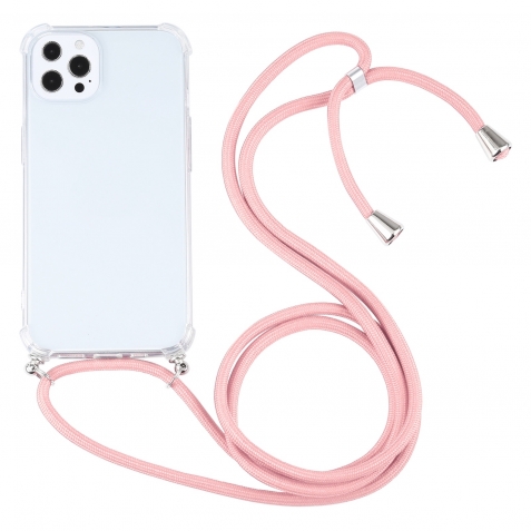 iPhone 13 Pro Max Θήκη με Λουράκι Four-corner Shockproof Transparent TPU Protective Case with Lanyard Pink