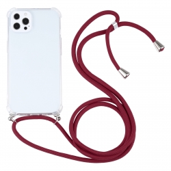 iPhone 13 Pro Max Θήκη με Λουράκι Four-corner Shockproof Transparent TPU Protective Case with Lanyard Wine Red