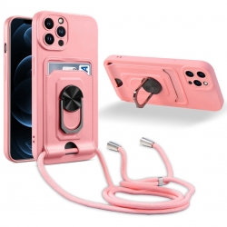 iPhone 12 Pro Θήκη Ροζ με Λουράκι Ring Kickstand Card Wallet TPU Phone Case with Lanyard Pink