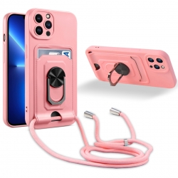 iPhone 13 Pro Max Θήκη Ροζ με Λουράκι Ring Kickstand Card Wallet TPU Phone Case with Lanyard Pink