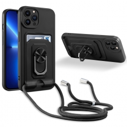 iPhone 13 Pro Max Θήκη Μαύρη με Λουράκι Ring Kickstand Card Wallet TPU Phone Case with Lanyard Black