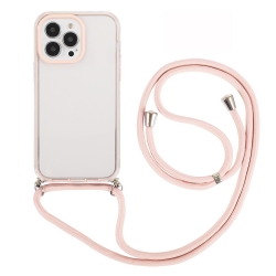 iPhone 14 Pro Θήκη με Λουράκι Shockproof Transparent TPU Protective Case with Lanyard Light Pink