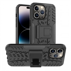 iPhone 14 Pro Θήκη Μαύρη Tire Texture Shockproof TPU+PC Phone Case with Holder Black