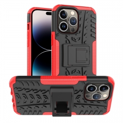 iPhone 14 Pro Θήκη Κόκκινη Tire Texture Shockproof TPU+PC Phone Case with Holder Red