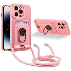 iPhone 14 Pro Θήκη Ροζ με Λουράκι Ring Kickstand Card Wallet TPU Phone Case with Lanyard Pink