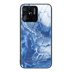 Xiaomi Redmi 10C Θήκη Μπλε Ωκεανός Με Πλαίσιο Σιλικόνης Και Όψη Γυαλιού Marble Pattern Glass Protective Phone Case Blue Ocean