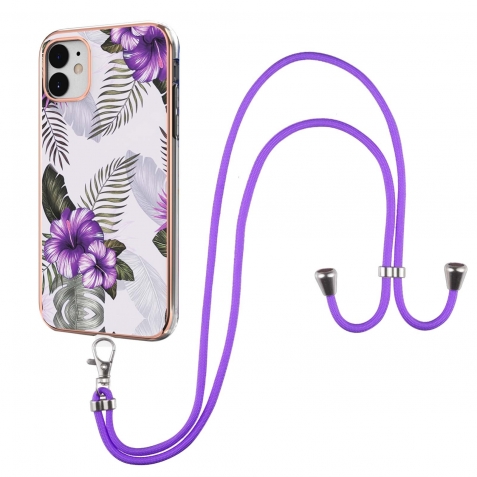 iPhone 11 Θήκη Σιλικόνης Μωβ Λουλούδια Με Λουράκι Electroplating Pattern IMD TPU Shockproof Case with Neck Lanyard Purple Flower