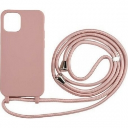 iPhone 14 Plus Θήκη με Λουράκι Απαλό Ροζ Soft Touch Cover Case With Neck Strap Pink Sand