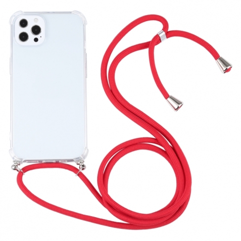 iPhone 13 Pro Max Θήκη με Λουράκι Four-corner Shockproof Transparent TPU Protective Case with Lanyard Red
