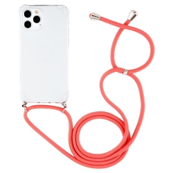 iPhone 12 / 12 Pro Θήκη με Λουράκι Four-corner Shockproof Transparent TPU Protective Case with Lanyard Coral - Pink